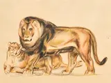 Lion et lionne by André Margat, 1927, Pastel signé et daté en bas à gauche, sold Apr 2026