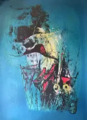 Village aux barques sur fond bleu by Dang Lebadang, Lithographie sur papier au motif repoussé, sold Jul 2026
