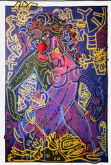 Mannequin clownesque dégradé en violet avec petit nageur caché entre les badauds, mais surveillé de près avec longe svp. Techniques mixtes (crayon gras, acryliq by Robert Combas, Collage d'un pompon pour le nez rouge du personnage, sold Jun 2026