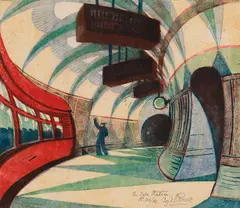The Tube Station by Cyril Power, linocut in 5 colours on buff oriental laid tissue, sold Apr 2025