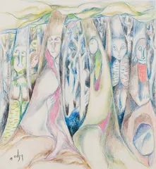 The Living Trees by Daphne Odjig, 1990, coloured pencil on paper, sold Mar 2025