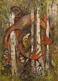 Untitled (Figure in Forest) by Daphne Odjig, 1969, mixed media on canvas board, sold Mar 2025