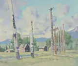 Gitksan Village (Kitwanga) by Stafford Donald Plant, oil on canvas board, sold Mar 2025