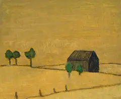 Lonely Barn by Barker Fairley, 1975, oil on board, sold Mar 2025