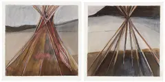 Life & Death on the Great Plains by Joane Cardinal-Schubert, 1979, oil stick on paper diptych, sold Feb 2025