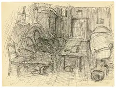 Vater schläft in der Stube by Paul Holz, Um 1929, Tuschfeder auf Papier (aus einem Zeichenblock), sold Oct 2018