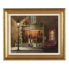 Antique Shop Facade by Deborah Jones, Oil on masonite, sold Aug 2026