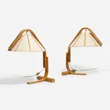 Table lamps, pair by Monica Wickelgren and Monica Strandäng, c. 1975, laminated beech, beech, linen shades, steel, sold Apr 2023