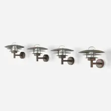 Outdoor sconces, set of four by Lyfa, patinated copper, glass, sold Apr 2023