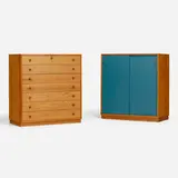 Cabinets, set of two by Kurt Østervig, c. 1965, pine, lacquered wood, sold Apr 2023