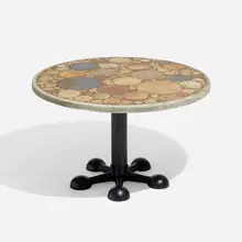 Outdoor dining table by Tue Poulsen, c. 1965, glazed earthenware, enameled steel, fiber-reinforced concrete, sold Apr 2023