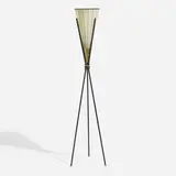 Floor lamp by Svend Aage Holm-Sørensen, c. 1955, enameled steel, brass, screenprinted parchment, sold Apr 2023