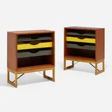 Cabinets, pair by Børge Mogensen, c. 1955, teak, oak, lacquered wood, enameled steel, sold Apr 2023