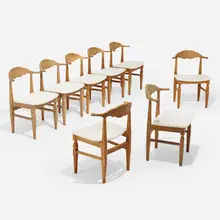 Dining chairs, set of eight by Henning Kjaernulf, c. 1965, oak, upholstery, sold Apr 2023