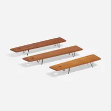 Lunch boards, set of three by Johannes Aasbjerg, c. 1955, teak, enameled steel, sold Apr 2023