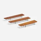 Lunch boards, set of three by Johannes Aasbjerg, c. 1955, teak, enameled steel, sold Apr 2023