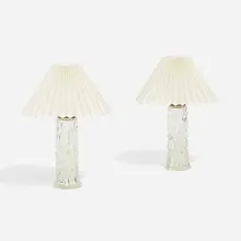 Table lamps, pair by Carl Fagerlund, c. 1960, glass, brass, paper shades, sold Apr 2023