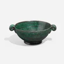 Argenta bowl by Wilhelm Kåge, 1936, glazed stoneware, silver, sold Apr 2023
