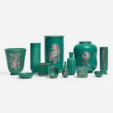 Argenta vessels, collection of twelve by Wilhelm Kåge, c. 1940, glazed stoneware, silver, sold Apr 2023