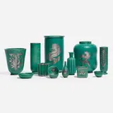 Argenta vessels, collection of twelve by Wilhelm Kåge, c. 1940, glazed stoneware, silver, sold Apr 2023