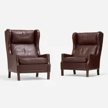 Lounge chairs, pair by Rud Thygesen, c. 1960, leather, beech, sold Apr 2023