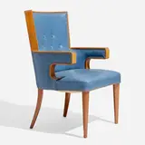 Rare armchair by Frankins Möbler, c. 1955, vinyl, mahogany, brass, sold Apr 2023