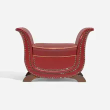 Stool by attribution Otto Schulz, c. 1940, vinyl, brass, stained beech, sold Apr 2023