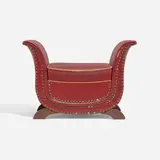 Stool by attribution Otto Schulz, c. 1940, vinyl, brass, stained beech, sold Apr 2023