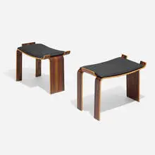 Stools, pair by Kai Lyngfeldt Larsen, 1964, rosewood plywood, vinyl, sold Apr 2023