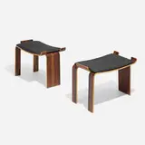Stools, pair by Kai Lyngfeldt Larsen, 1964, rosewood plywood, vinyl, sold Apr 2023