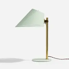 Table lamp, model 9227 by Paavo Tynell, c. 1954, enameled aluminum, enameled steel, brass, sold Apr 2023