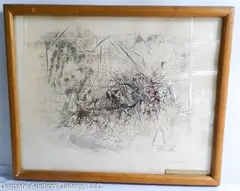 Abstract Composition titled [WORLD OF SMALL CREATURES] by Ethel Edwards, ink on paper, offered Dec 2024