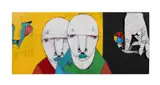born 1972). Untitled - Two Faces by Michael Banks, oil on board, sold Feb 2025