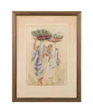 Untitled - Women with Calathus on Market Day by Reuven Rubin, watercolor on paper, sold Mar 2025
