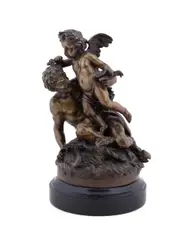 Untitled - Satyr with Putto Holding Grapes by Michel Claude Clodion, bronze sculpture on marble plinth, sold Mar 2025