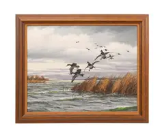 born 1929). Untitled - Ducks in Flight by David A. Maass, oil on masonite, sold Mar 2025