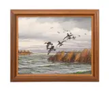 born 1929). Untitled - Ducks in Flight by David A. Maass, oil on masonite, sold Mar 2025