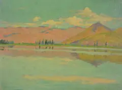Western landscape painting by Elmer Ellsworth Garnsey, oil on canvas board, sold Sep 2019