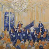 painting "Soiree Musicale by Jeanine Combe, oil on canvas, sold Sep 2019