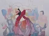 Surrealist painting comic strip jester by John Dawson, mixed media on paper, sold Sep 2019