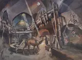 Orientalist painting "Isfahan Workshop" depicting laborers and a camel in an Iranian workshop by Yervand Nahapetian, watercolor on paper, sold Jan 2022