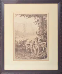 Untitled by James Fagan, etching of landscape with deer, sold Mar 2022