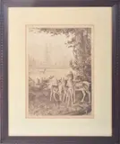 Untitled by James Fagan, etching of landscape with deer, sold Mar 2022