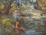 Manly MacDonald, Duncan MacDonald Fishing Before Waterfall by Manly MacDonald, oil on canvas, sold Jun 2021