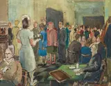 Cafeteria by Molly Lamb Bobak, oil on canvas, sold Jun 2021