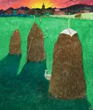 Haystacks and Ducks (Ukrainian Series) by William Kurelek, mixed media on board, sold Jun 2021