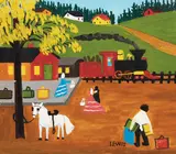 At the Train Station by Maud Lewis, mixed media on board, sold Jun 2021