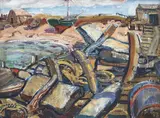 Fisherman's Gear, Cape Breton Island, Nova Scotia by Arthur Lismer, oil on board, sold Jun 2021