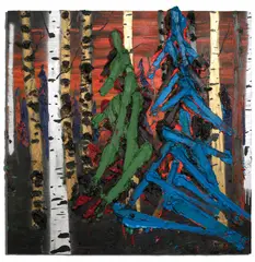 Green Tree Blue Tree by Kim Dorland, oil, acrylic and spray paint on wood panel, sold Jun 2021