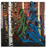 Green Tree Blue Tree by Kim Dorland, oil, acrylic and spray paint on wood panel, sold Jun 2021